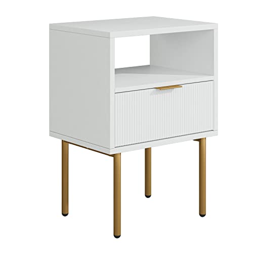 Nightstand, Drawer Dresser for Bedroom, Small Side Table with Drawer, Bedside Furniture, Night Stand, End Table with Gold Frame for Bedroom, White Stripe