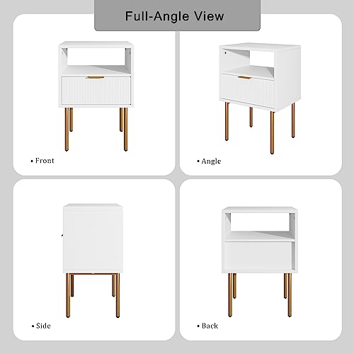Aobafuir Nightstand, Drawer Dresser for Bedroom, Small Side Table with Drawer, Bedside Furniture, Night Stand, End Table with Gold Frame for Bedroom, Living Room, White Stripe