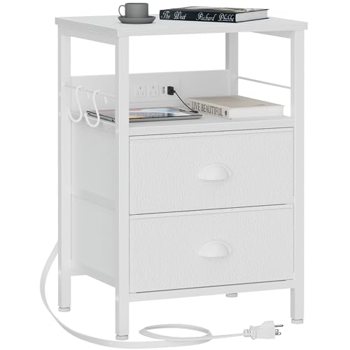 End Table with Charging Station, Nightstand with Fabric Drawers, Side Tables with USB Ports & Outlets, Night Stand with Storage Shelf & Hooks,  White