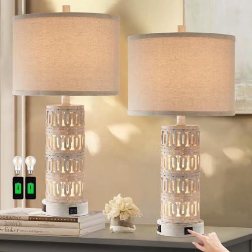 RORIANO Set of 2 Resin Vintage Table Lamps for Bedroom, Hollow Night Light Devise with USB Charging Ports, Farmhouse Rustic Retro Bedside Lamps for Nightstand Living Room (2 Bulbs Included)