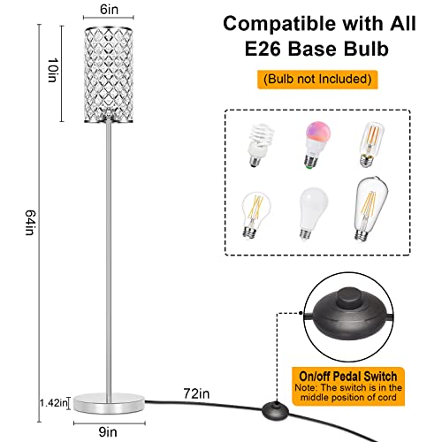 Crystal Floor Lamp, Modern Standing Lamp with Elegant Shade, LED Floor Lamp with On/Off Foot Switch Silver Finish Tall Pole Lamp Accent Light for Living Room, Girl Bedroom, Dresser, Office (E26 Base)
