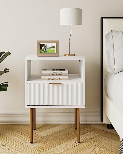 Nightstand, Drawer Dresser for Bedroom, Small Side Table with Drawer, Bedside Furniture, Night Stand, End Table with Gold Frame for Bedroom, White Stripe