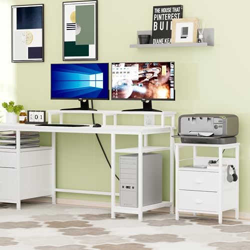 Furologee End Table with Charging Station, Nightstand with Fabric Drawers, Side Tables with USB Ports & Outlets, Night Stand with Storage Shelf & Hooks,  White