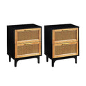 AMERLIFE Rattan Nightstands Set of 2, Boho Accent Bedside Tables with 2 Solid Wood Drawers Storage End Table, Woven Vintage Side Tables for Bedroom, Black(2pcs)