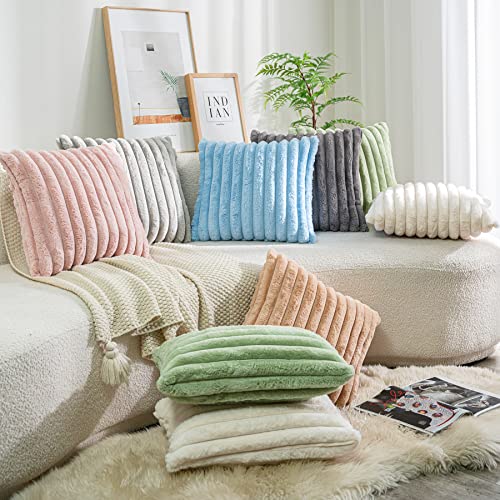 DEELAND Pack of 2,Double-Sided Faux Fur Plush Decorative Throw Pillow Covers Fuzzy Striped Soft Pillowcase Cushion Covers for Bedroom White 18x18 inch
