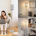 Crystal Floor Lamp, Modern Standing Lamp with Elegant Shade, LED Floor Lamp with On/Off Foot Switch Silver Finish Tall Pole Lamp Accent Light for Living Room, Girl Bedroom, Dresser, Office (E26 Base)