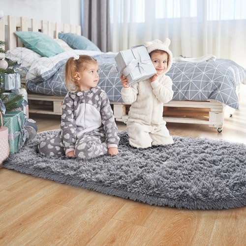 Noahas Grey Fluffy Rugs for Bedroom,2'X 5' Oval Ultra Soft Bedroom Rugs,Small Throw Rugs, Kids Room Carpet Modern Shaggy Area Rugs Home Decor
