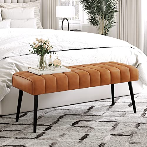 44.5” End of Bed Bench, Faux Leather Tufted Upholstered Bedroom Bench, Modern Ottoman Bench with Metal Legs Storage, 300LB, Whiskey Brown