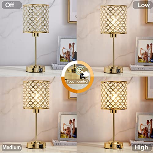 Crystal Table Lamp, Crystal Lamp Touch Control with 2 USB Ports, 3 Way Dimmable Bedside Lamp with Bulb, Crystal Nightstand Lamp Modern Light for Bedroom, Living Room, Bulb Included -Gold