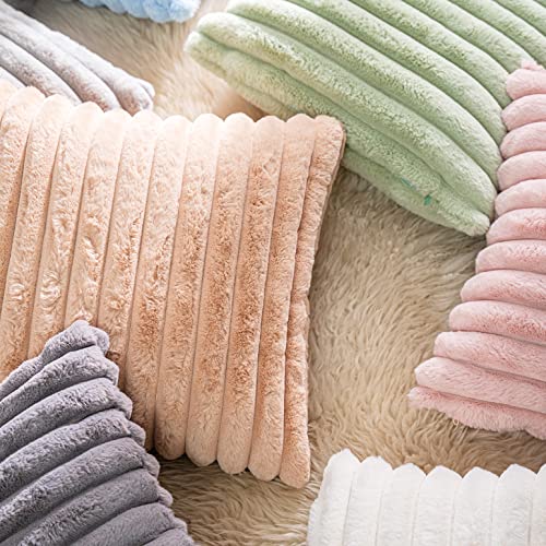 Pack of 2,Double-Sided Faux Fur Plush Decorative Throw Pillow Covers Fuzzy Striped Soft Pillowcase Cushion Covers for Bedroom White