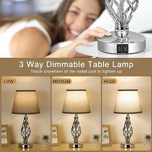 Touch Table Lamps Bedside Lamps, 3 Way Dimmable Touch Lamps with USB C Charging Ports and Spiral Cage Base Design