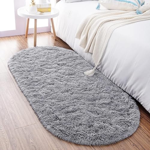 Grey Fluffy Rugs for Bedroom,2'X 5' Oval Ultra Soft Bedroom Rugs, Modern Shaggy Area Rugs