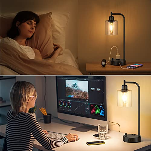 Industrial Table Lamps for Bedrooms Set of 2 - Fully Dimmable Bedside Lamps with USB A and C Ports and Outlet, Black Nightstand Lamps with Glass Shade for Living Room, Desk Lamps for Office Reading