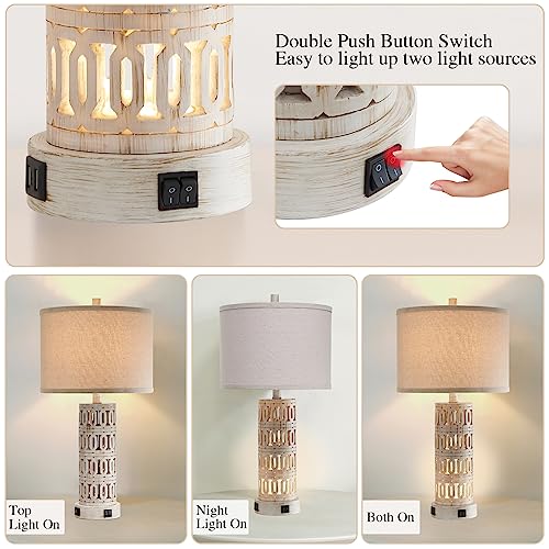 Set of 2 Resin Vintage Table Lamps for Bedroom, Hollow Night Light Devise with USB Charging Ports, Farmhouse Rustic Retro Bedside Lamps for Nightstand (2 Bulbs Included)