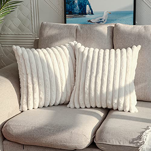 DEELAND Pack of 2,Double-Sided Faux Fur Plush Decorative Throw Pillow Covers Fuzzy Striped Soft Pillowcase Cushion Covers for Bedroom White 18x18 inch