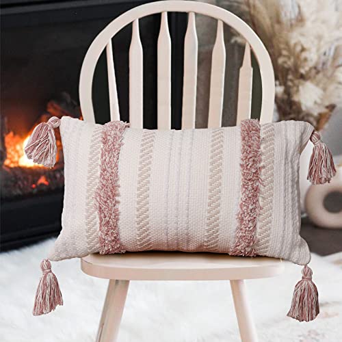 Boho Throw Pillow Covers Tufted Decorative Pillows Cover for Couch Bed Small Lumbar 12 x 20 inch Pillow Cover, Modern Accent Farmhouse Neutral Throw Pillow Case, Pink