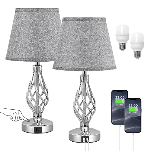 Touch Table Lamps Bedside Lamps, 3 Way Dimmable Touch Lamps with USB C Charging Ports and Spiral Cage Base Design