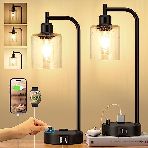 Industrial Table Lamps for Bedrooms Set of 2 - Fully Dimmable Bedside Lamps with USB A and C Ports and Outlet, Black Nightstand Lamps with Glass Shade for Living Room, Desk Lamps for Office Reading