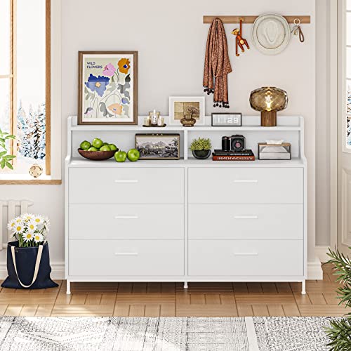 6 Drawers Double Dresser with Shelves, Wide Chest of Drawers, White Dresser for Bedroom