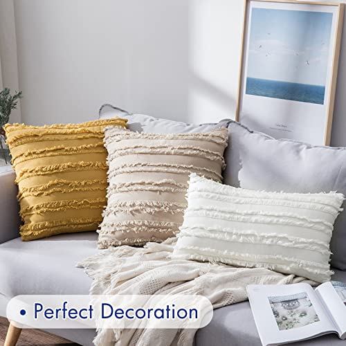 Set of 2 Decorative Boho Throw Pillow Covers Linen Striped Jacquard Pattern Cushion Covers for Bedroom 18x18 Inch White