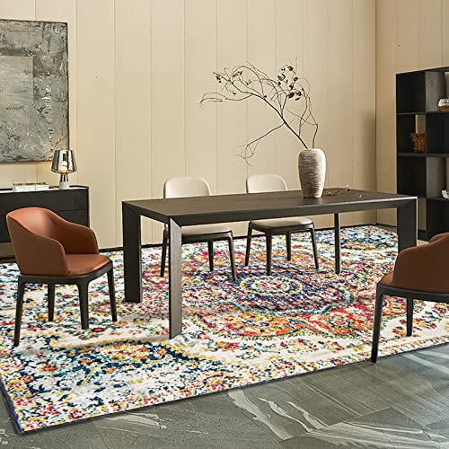 VK VK·LIVING Machine Washable Rug 5'x7' Vintage Design Area Rugs with Non Slip for Living Room Bedroom Traditional Woven Carpet Stain Resistant Dining Office Boho (Blue Yellow)