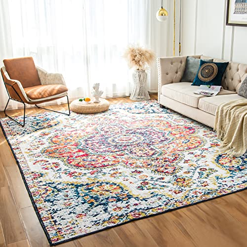 VK VK·LIVING Machine Washable Rug 5'x7' Vintage Design Area Rugs with Non Slip for Living Room Bedroom Traditional Woven Carpet Stain Resistant Dining Office Boho (Blue Yellow)