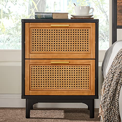 AMERLIFE Rattan Nightstands Set of 2, Boho Accent Bedside Tables with 2 Solid Wood Drawers Storage End Table, Woven Vintage Side Tables for Bedroom, Black(2pcs)